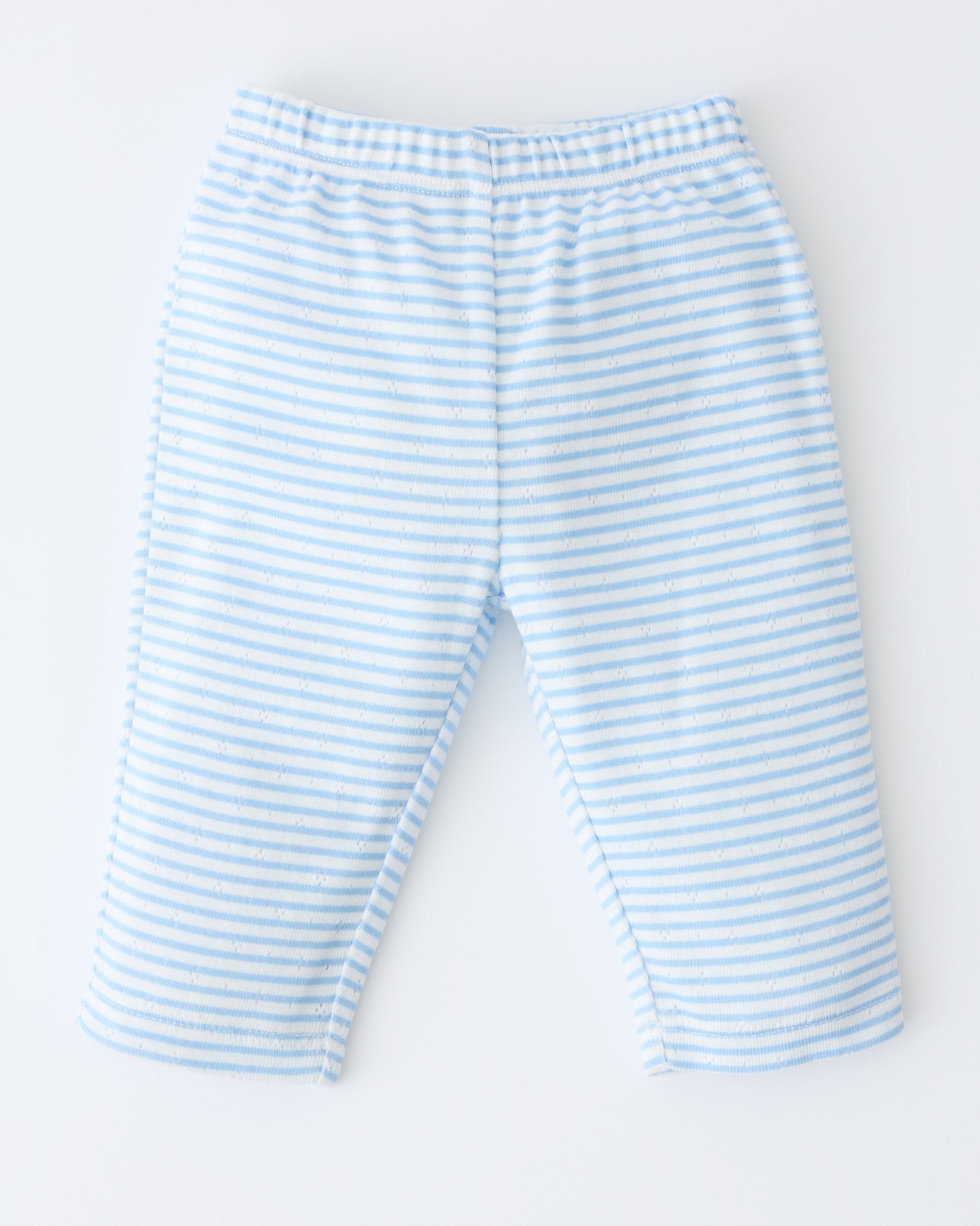 Pointelle Leggings in Blue Candy Stripe on a beige background.