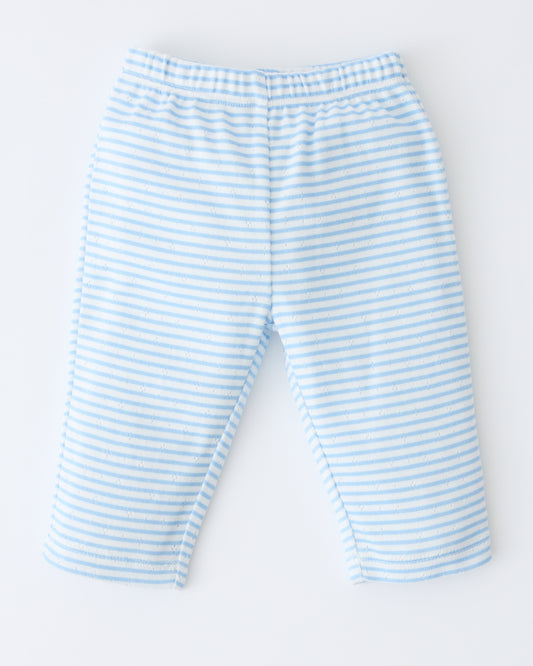 Pointelle Leggings in Blue Candy Stripe on a beige background.