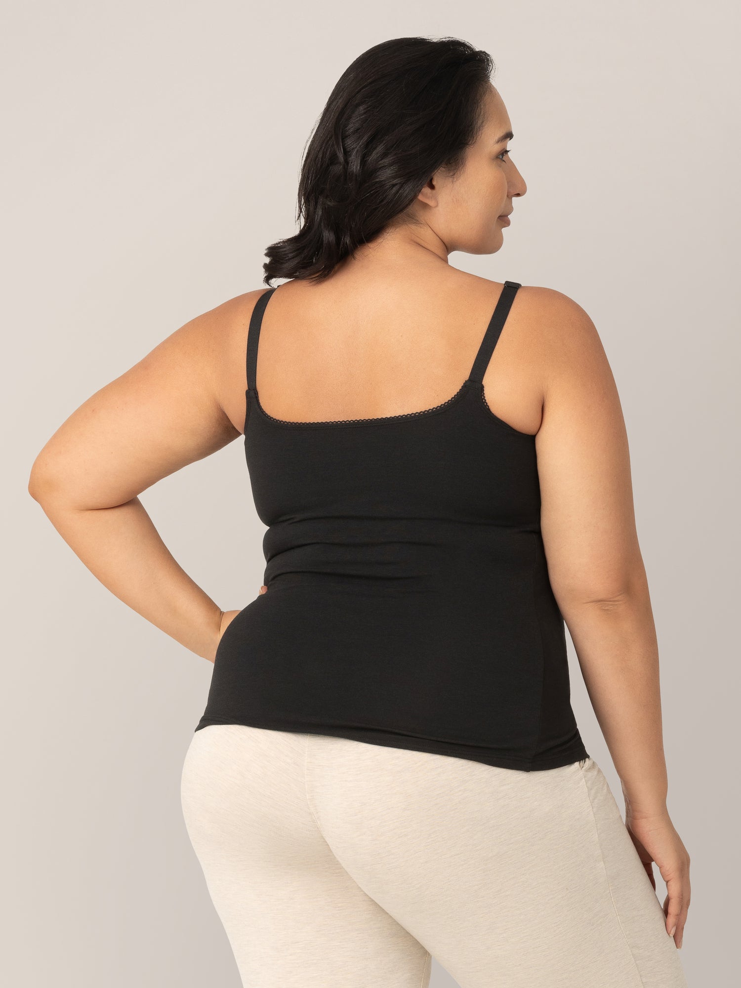 Back of model wearing the Picot Trim Nursing Camisole in Black.