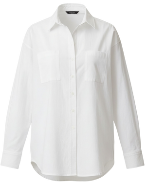 Poplin Maternity & Nursing Button Up Shirt in White on a white background.
