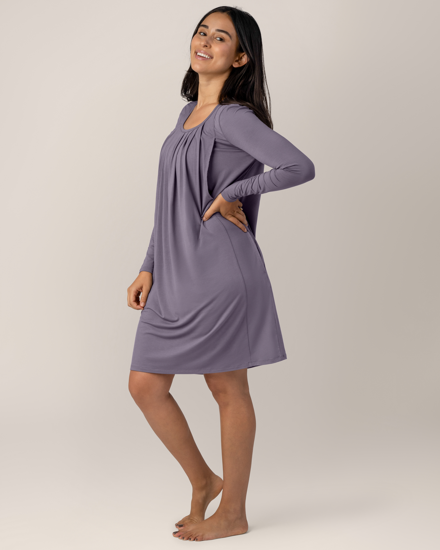 Side view of model wearing the Quinn Bamboo Long Sleeve Maternity & Nursing Nightgown in Granite
