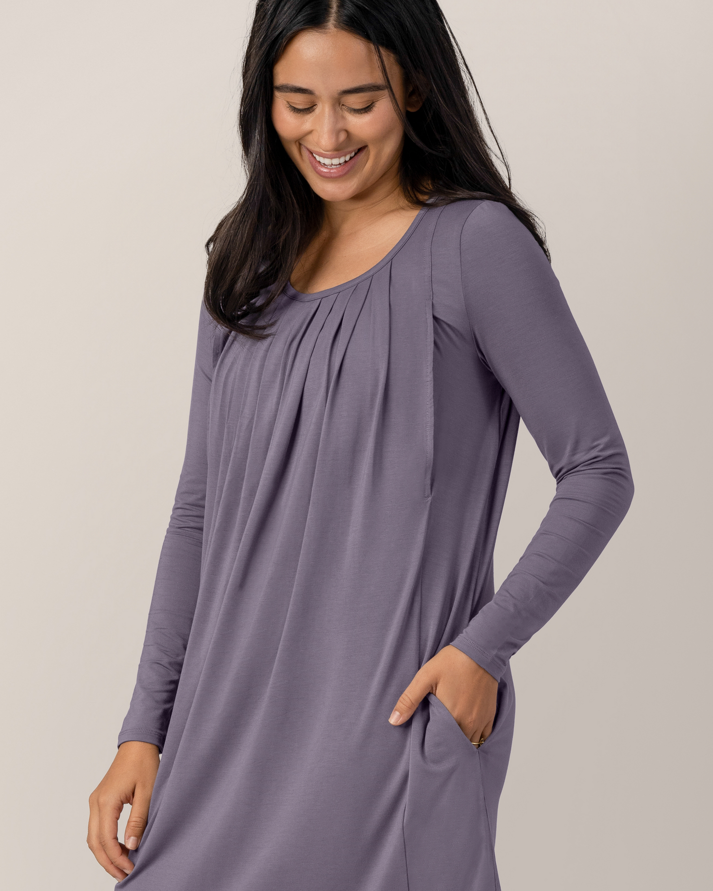 Cropped in view of model wearing the Quinn Bamboo Long Sleeve Maternity & Nursing Nightgown in Granite, with hand in pocket @model_info:Anamaria is 5'7" and wearing a Medium.