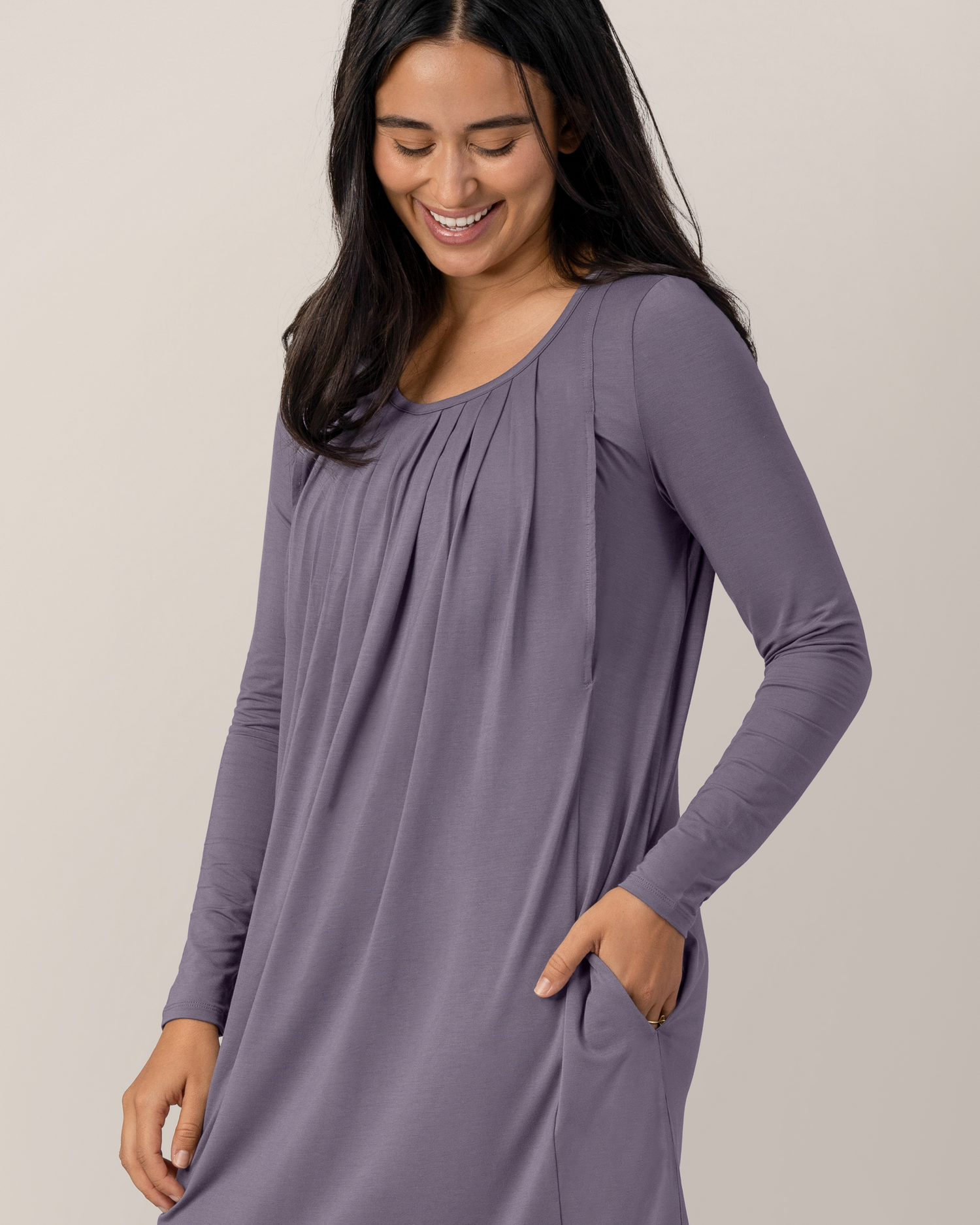 Cropped in view of model wearing the Quinn Bamboo Long Sleeve Maternity & Nursing Nightgown in Granite, with hand in pocket @model_info:Anamaria is 5'7" and wearing a Medium.