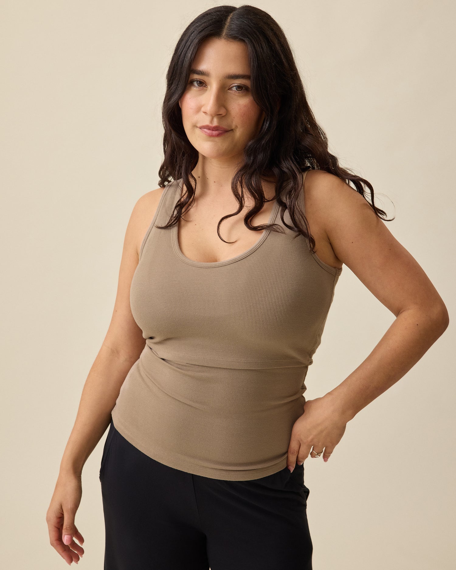 Model wearing Ribbed Bamboo Scoop Neck Nursing Tank in Taupe on a beige background @model_info:Linda is wearing a Small.