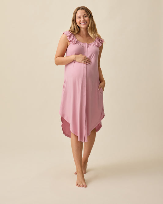 Model wearing Ruffle Strap Labor & Delivery Gown in Light Mauve on a beige background @model_info:Saige is 5'7" and wearing a M/L.