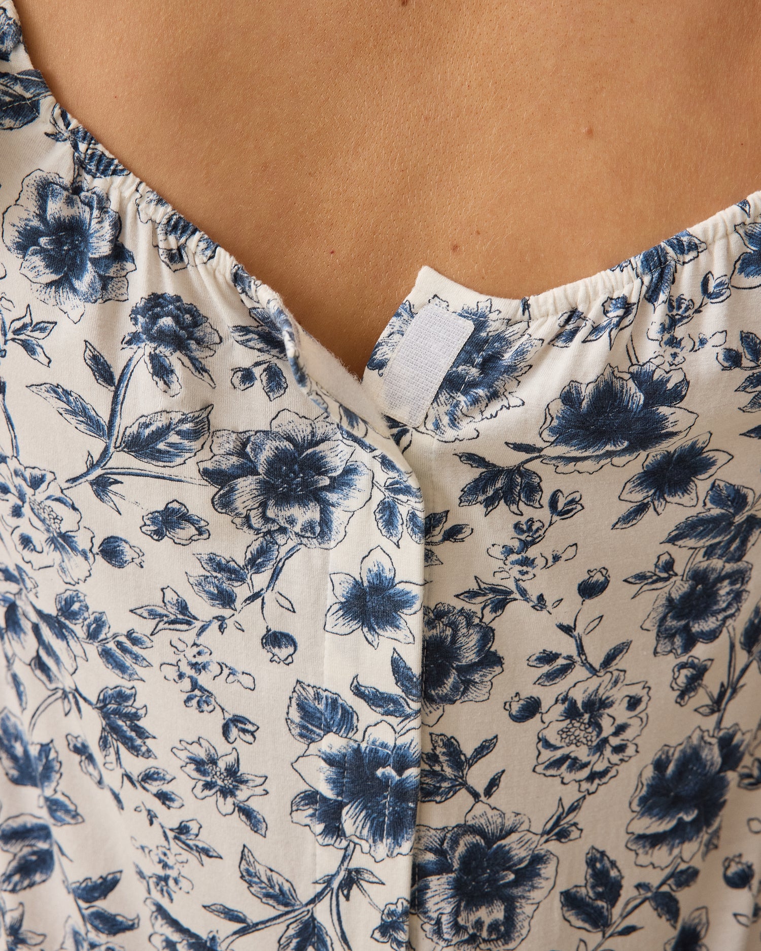 Close up of convenient snaps on Ruffle Strap Labor & Delivery Gown in Navy Toile