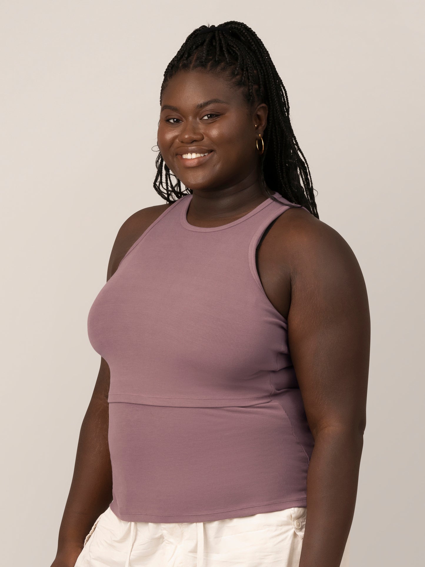 3/4 front view of model wearing the Ribbed Bamboo Racerback Nursing Tank in Twilight