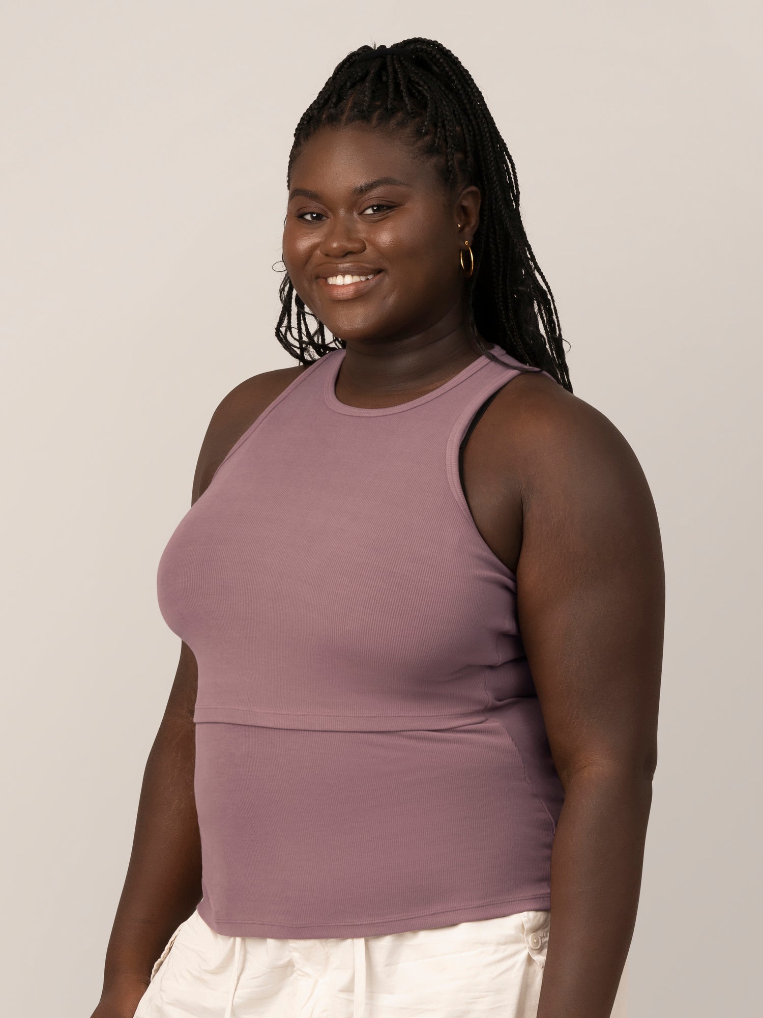 3/4 front view of model wearing the Ribbed Bamboo Racerback Nursing Tank in Twilight