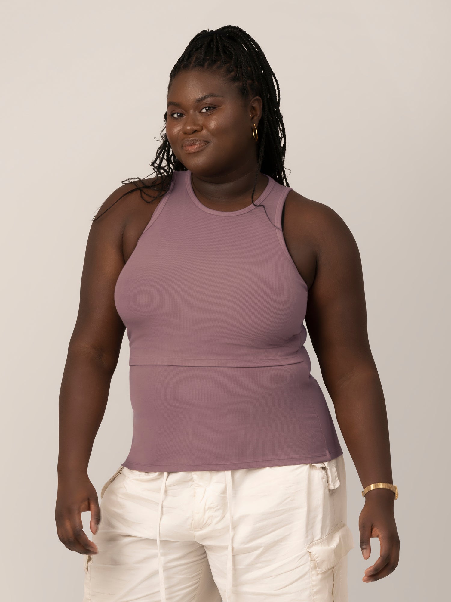 Front view of model wearing the Ribbed Bamboo Racerback Nursing Tank in Twilight @model_info:Bintou is wearing an X-Large.