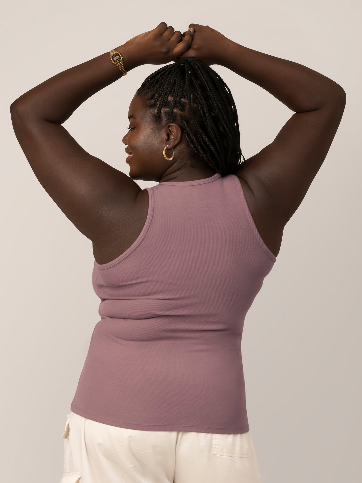 Back view of model wearing the Ribbed Bamboo Racerback Nursing Tank in Twilight