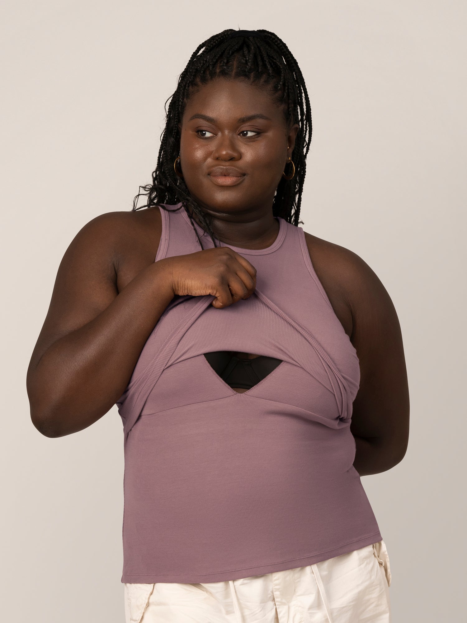 Front view of model wearing the Ribbed Bamboo Racerback Nursing Tank in Twilight, showing nursing access