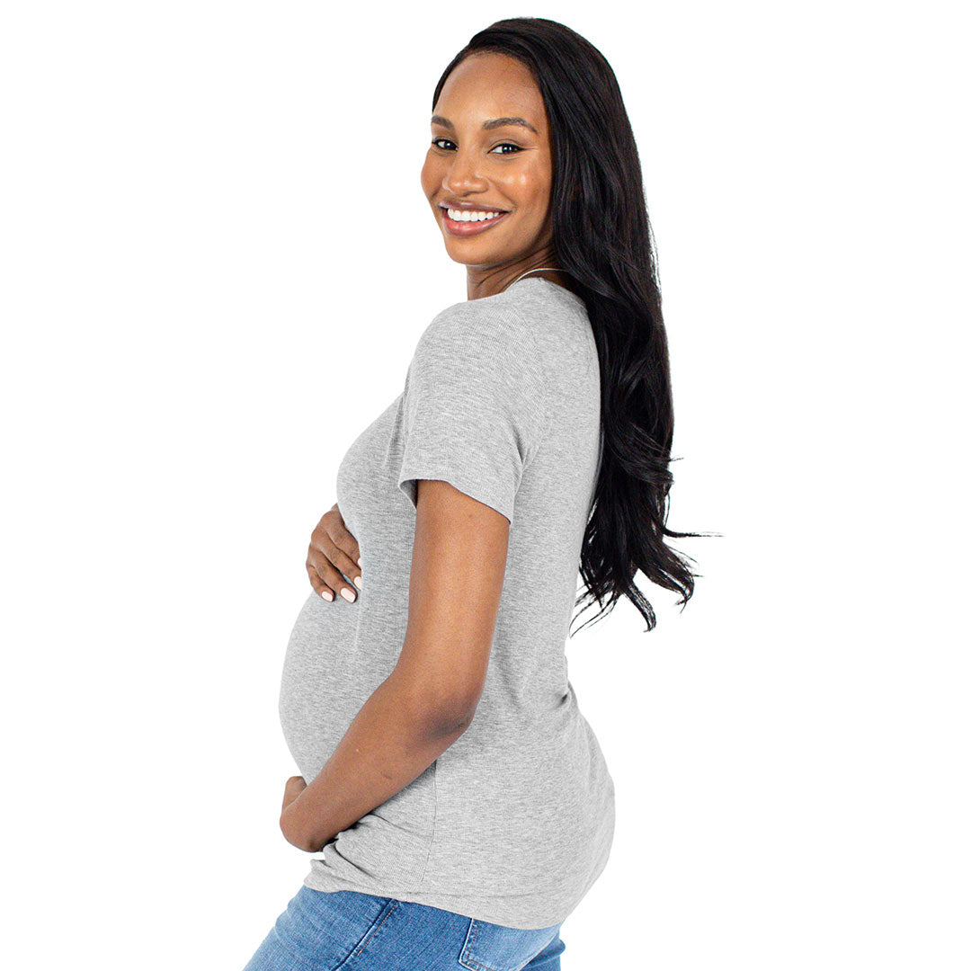 Ribbed Bamboo Maternity Crew Neck T-shirt | Grey Heather-Tops-Kindred Bravely