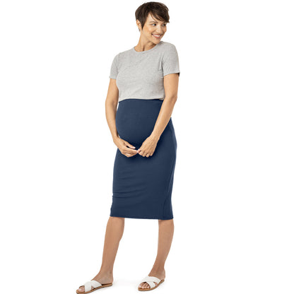 Ribbed Bamboo Maternity Midi Skirt | Navy Blue-Bottoms & Dresses-Kindred Bravely