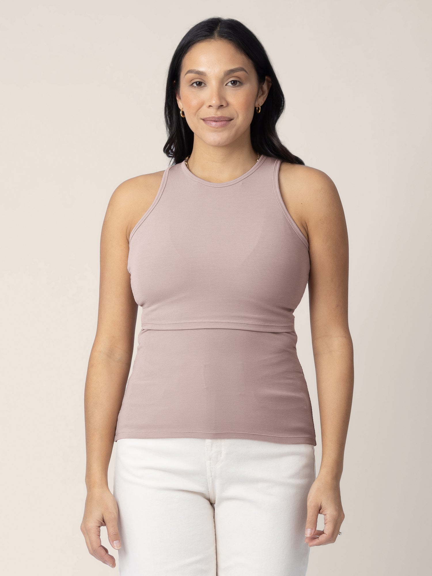 Front view of model wearing the Ribbed Bamboo Racerback Nursing Tank in lilac stone, showing stretch of fabric @model_info:Julana is wearing a Small.