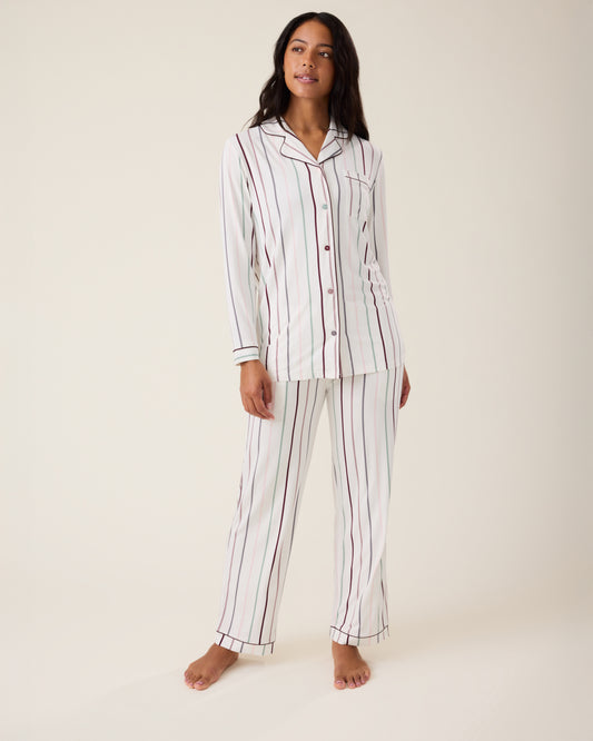 Woman wearing the Clea Bamboo Long Sleeve Pajama Set in Classic Stripe@model_info:Nemesis is 5'9" and wearing a Medium.