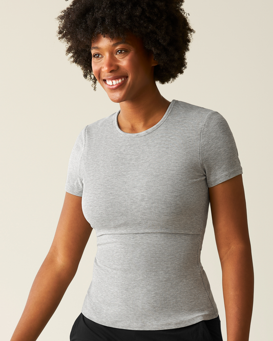 Front view of model wearing Ribbed Bamboo Crew Neck Nursing T-shirt in Grey Heather@model_info:Kyra is wearing a Small.