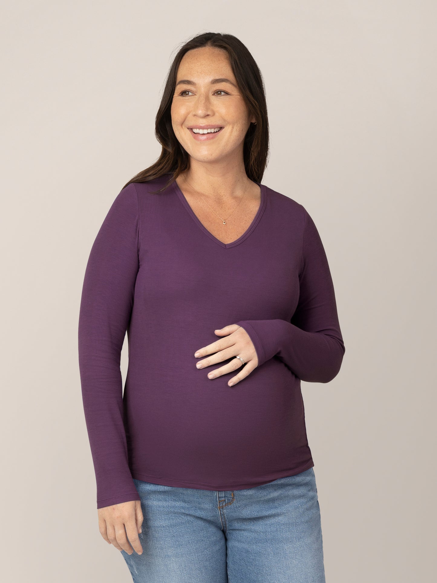 Front view of model wearing the Ribbed Bamboo Maternity & Nursing Long Sleeve T-shirt in Mulberry 