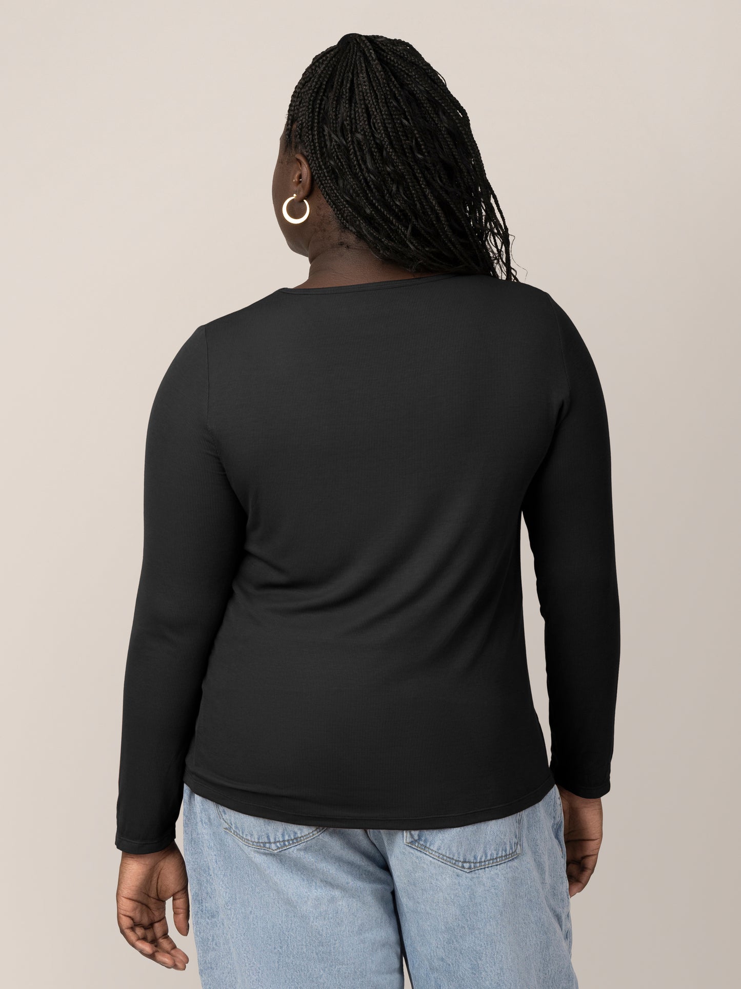 Back view of model wearing the Ribbed Bamboo Maternity & Nursing Long Sleeve T-shirt in Black