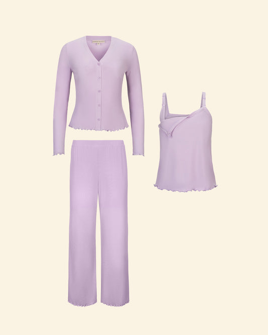 Ribbed Modal Separates Set in Lavender on a beige background. Includes matching Cami, Cardigan and Lounge pant.