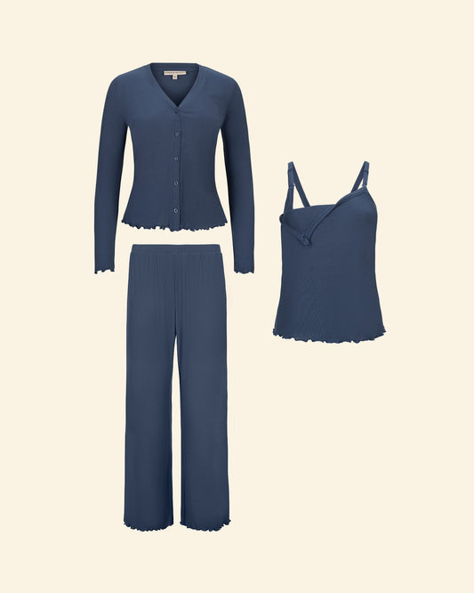 Ribbed Modal Separates Set in Light Navy on a beige background. Includes matching Cami, Cardigan and Lounge pant.