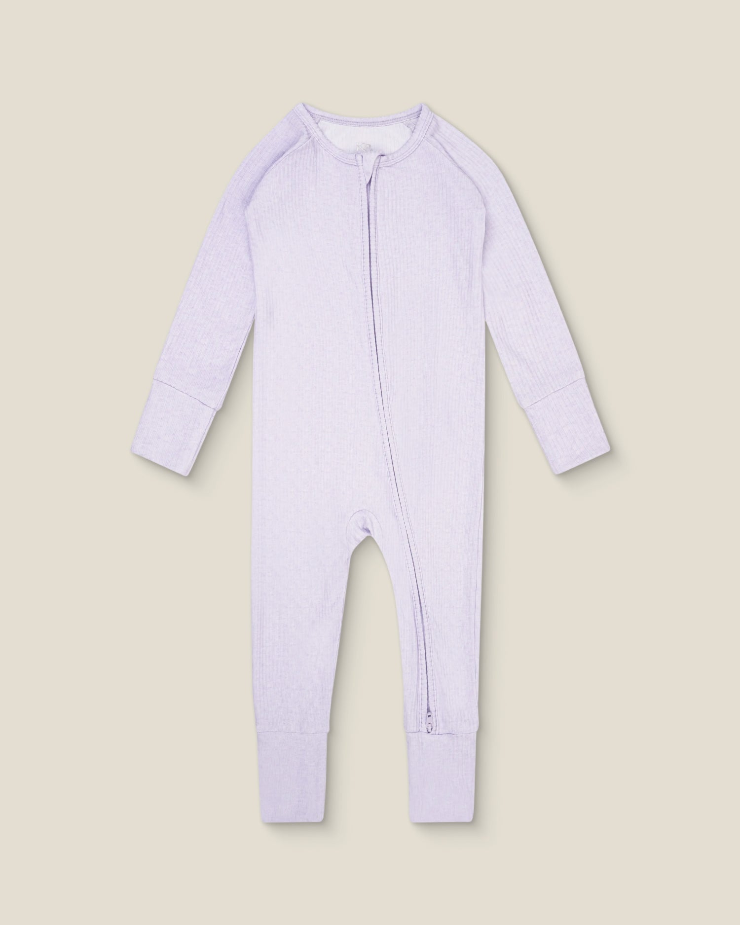 Lavender ribbed bamboo baby onesie with a zipper on a light background
