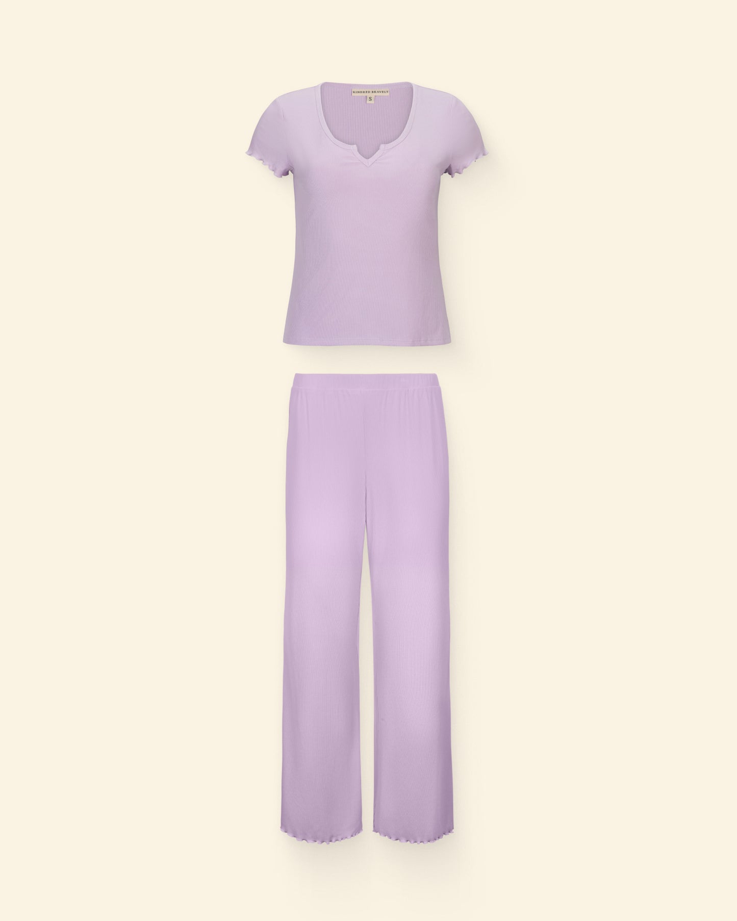 Ribbed Modal Notched Nursing T-Shirt in Lavender and Ribbed Modal Lounge Pant in Lavender on a beige background.