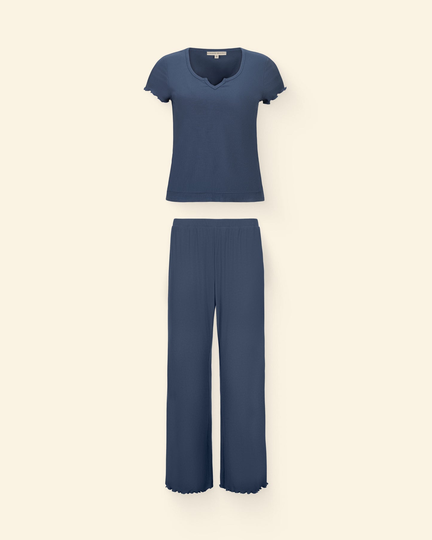Ribbed Modal Notched Nursing T-Shirt in Light Navy and Ribbed Modal Lounge Pant in Light Navy on a beige background.