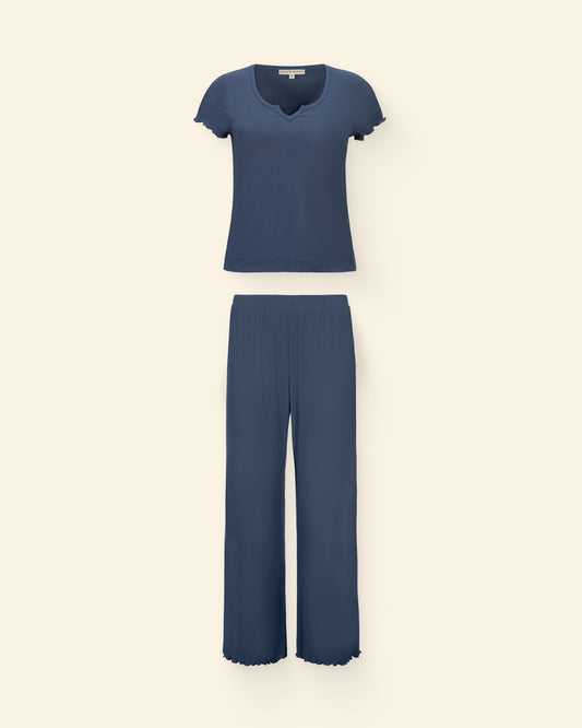 Ribbed Modal Notched Nursing T-Shirt in Light Navy and Ribbed Modal Lounge Pant in Light Navy on a beige background.