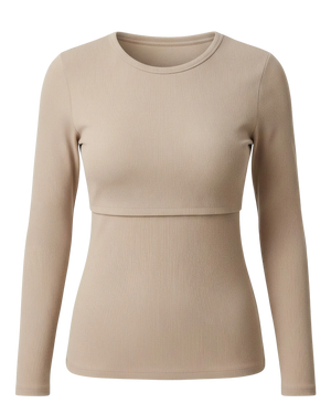 Ribbed Bamboo Long Sleeve Nursing T-shirt in Sandstone on a white background.