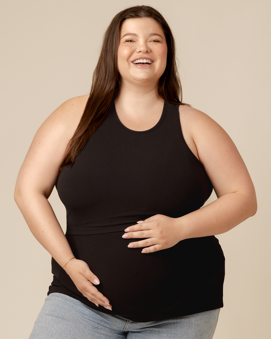 Front view of model wearing the Ribbed Bamboo Racerback Nursing Tank in Black @model_info:Sam is wearing a 2X.