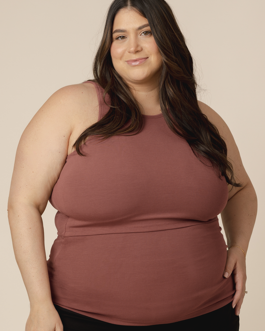 Front view of model wearing the Bamboo Racerback Nursing Tank in Redwood @model_info:Gia is wearing a 2X.