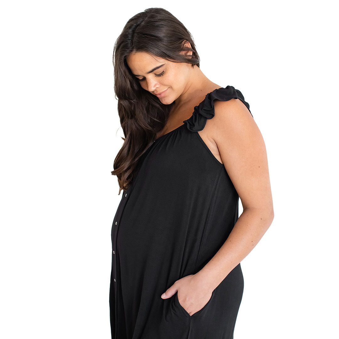 Ruffle Strap Labor & Delivery Gown | Black-Gowns-Kindred Bravely