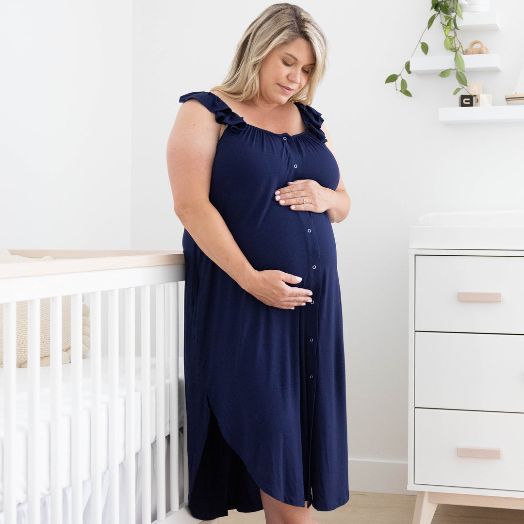 Ruffle Strap Labor & Delivery Gown | Navy-Gowns-Kindred Bravely