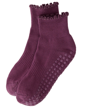 Non-Slip Ruffle Ankle Socks in Burgundy Plum on a white background.