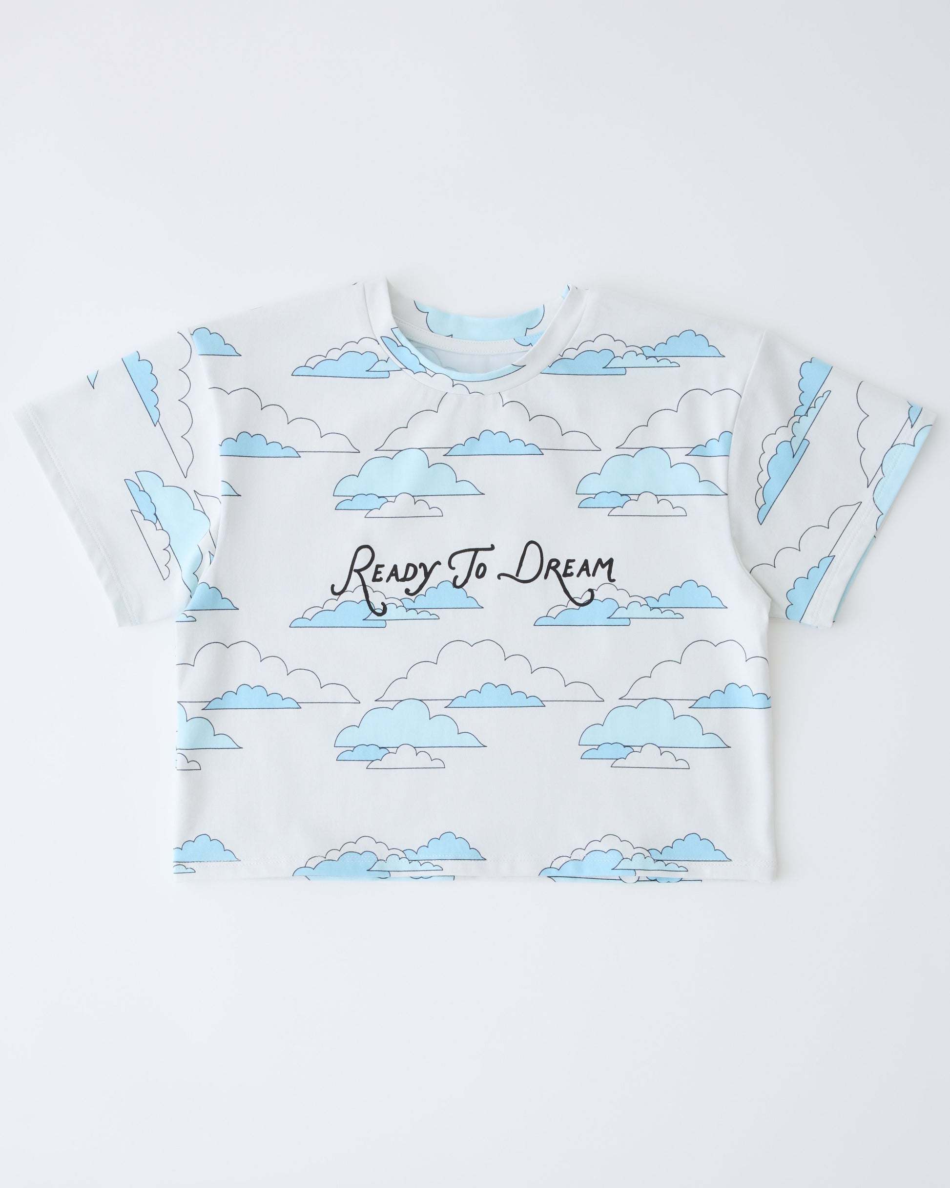Graphic Tee in Ivory Clouds on a gray background.