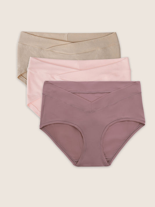 A collection of three hipster style underwear beige, soft pink, and twilight