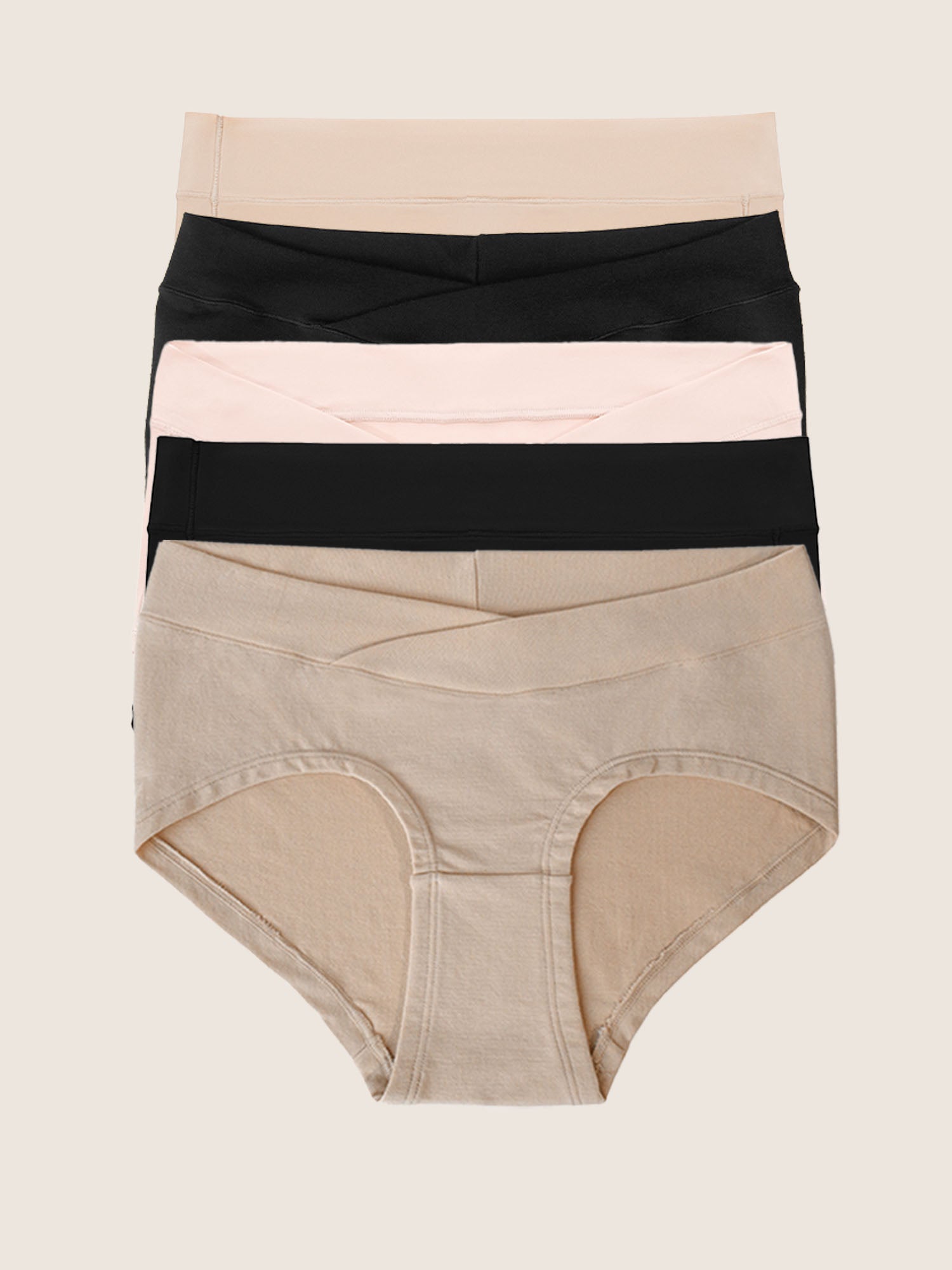 A collection of five hipster style underwears in assorted colors beige, black, soft pink, black, and beige.