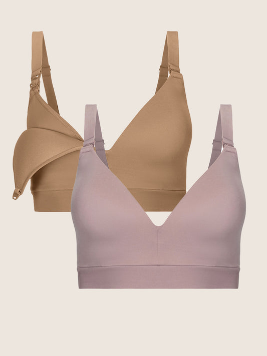Two pack of Minimalist Hands-Free Pumping & Nursing Bra in colors latte and lilac stone 