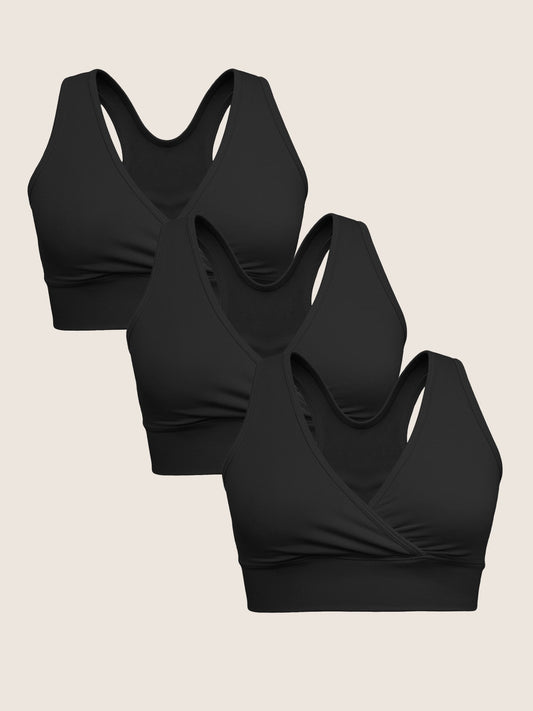 A Wash Wear Spare® French Terry Nursing Bra Pack in Black, showing three French Terry Nursing Bras in black against a beige background