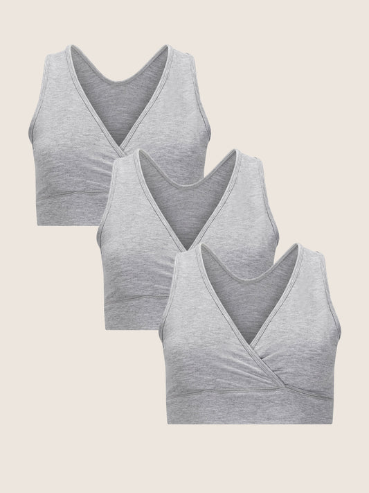 A Wash Wear Spare® French Terry Nursing Bra Pack in Grey Heather, showing three French Terry Nursing Bras in Grey Heather against a beige background