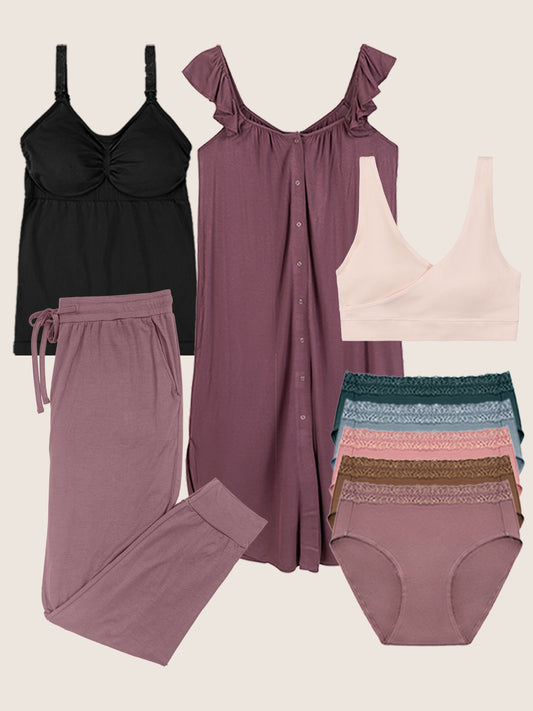 The Labor & Delivery Essentials Bundle, showing the Ruffle Strap Labor & Delivery Gown in Burgundy Plum, the Simply Sublime® Maternity & Nursing Tank in black, the Sublime® Adjustable Crossover Nursing & Lounge Bra in soft pink, the Everyday Lounge Jogger in Twilight, and the High-Waisted Postpartum Underwear Pack in dusty hues