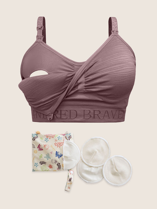 Pumping Starter Pack showing the Sublime® Hands-Free Pumping & Nursing Bra in twilight, and the Organic Bamboo Reusable Nursing Pads (10 count)