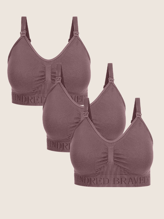 A Wash Wear Spare® Nursing Bra Pack in Twilight showing three Simply Sublime® Nursing Bra in twilight against a beige background