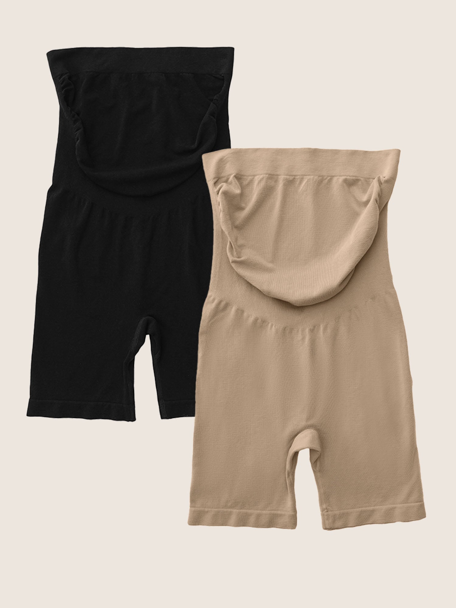 Maternity Thigh Savers in a two pack showing colors black and beige. 