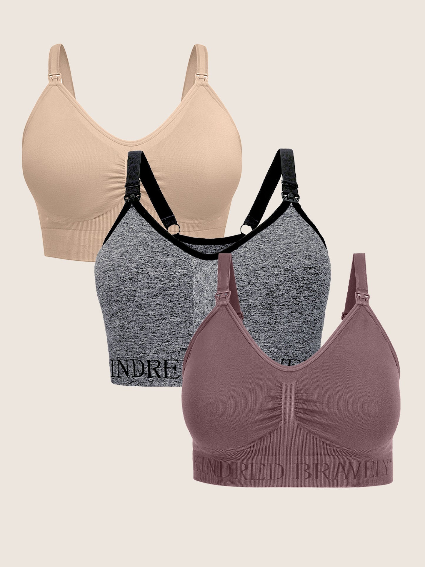Nursing Bras in a three pack showing colors beige, heathered grey, and twilight.