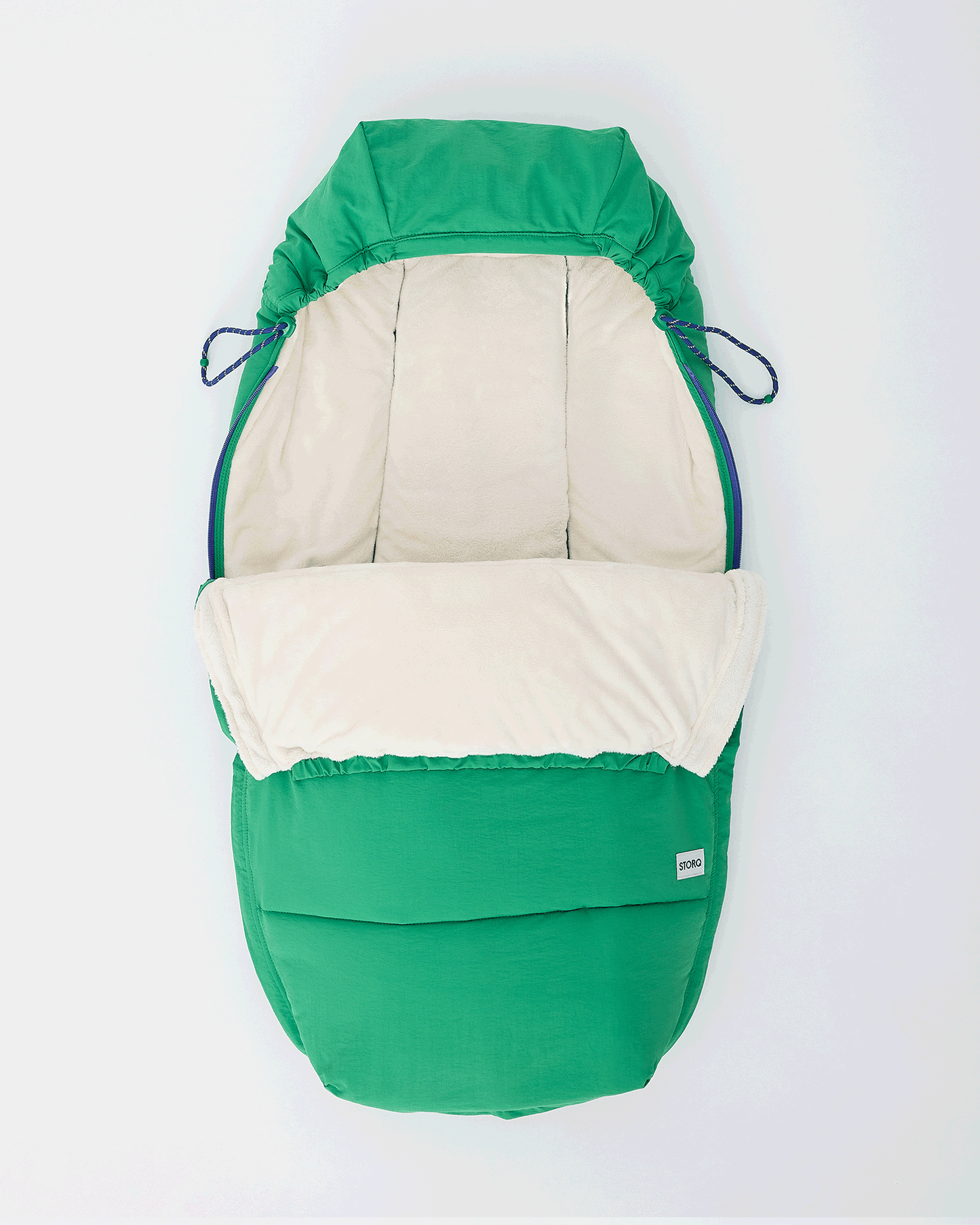 Animated Gif of Cozy Stroller Footmuff in Green zipping down to open and zipping up again to provide cozy warmth.