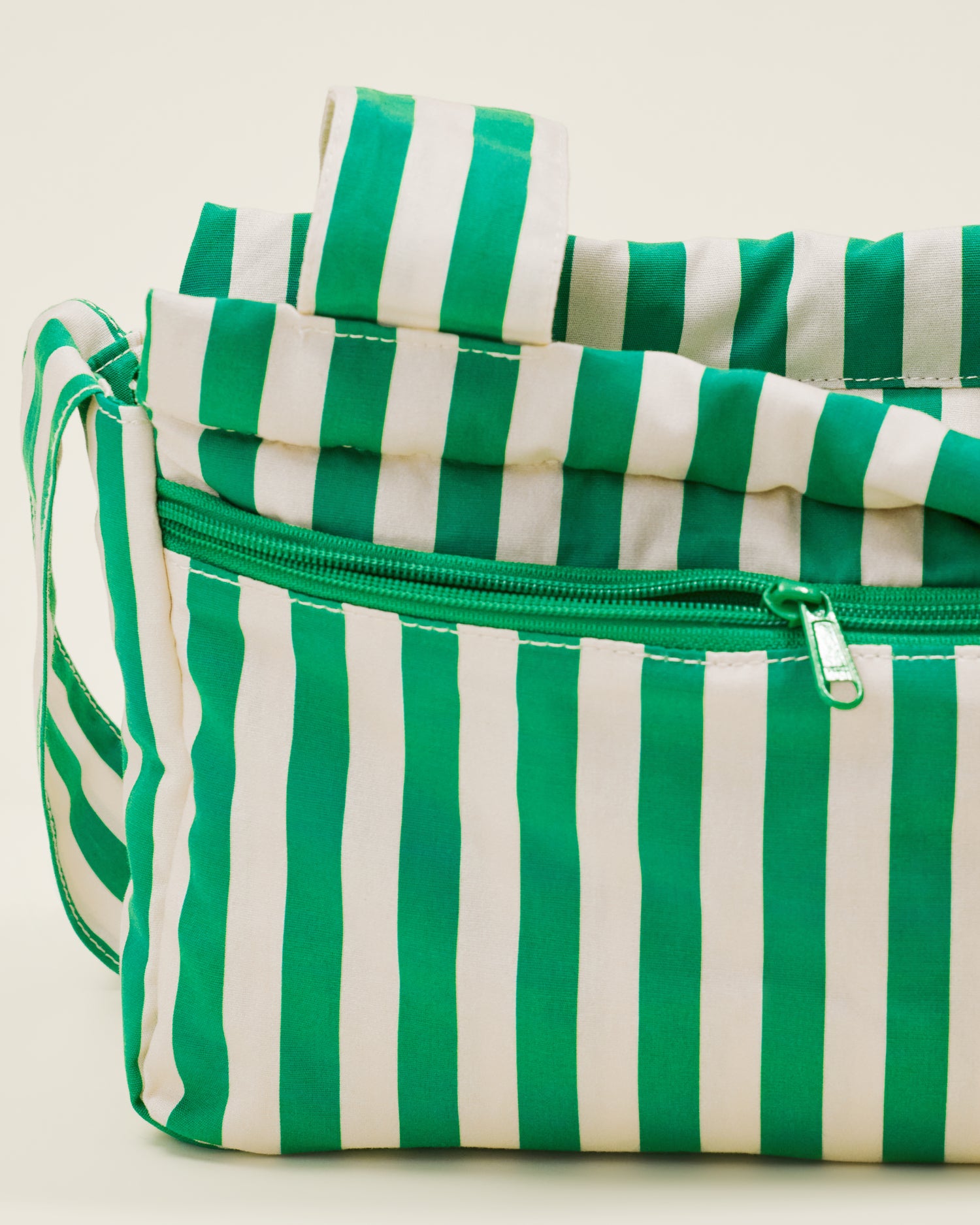 Close up of Stroller Party Caddy Bag in Green Stripe