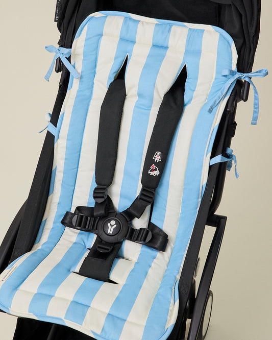 Stroller Party Seat Liner in Blue Wide Stripe pattern on stroller