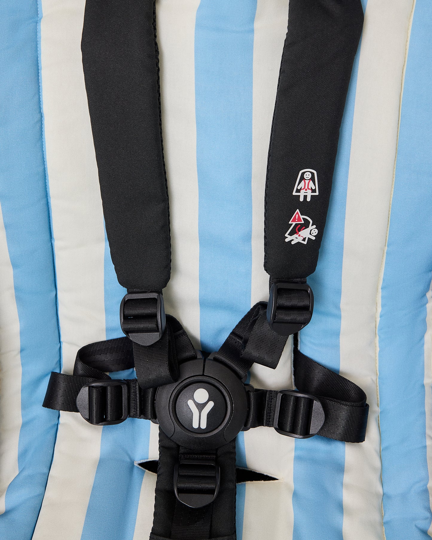 Close-up of Stroller Party Seat Liner in Blue Wide Stripe pattern on stroller