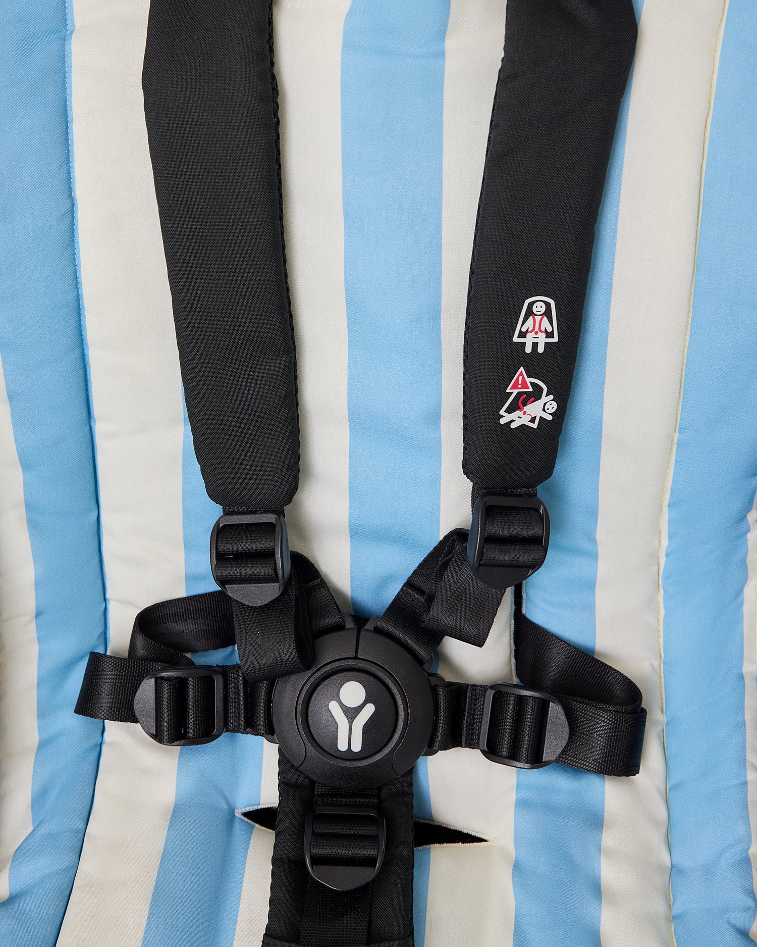 Close-up of Stroller Party Seat Liner in Blue Wide Stripe pattern on stroller